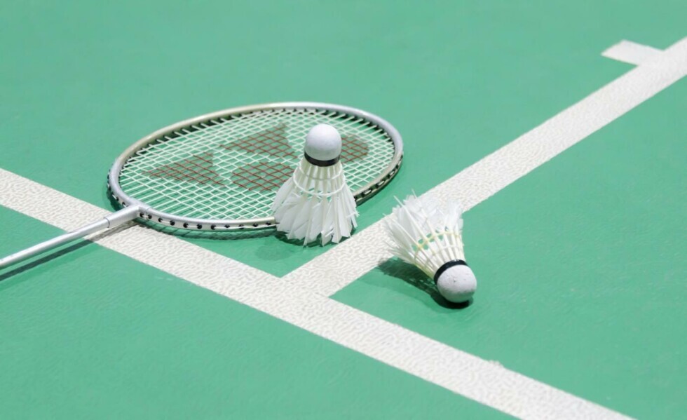 Badmintono raketė ir du plunksniniai kamuoliukai guli ant žalios aikštelės