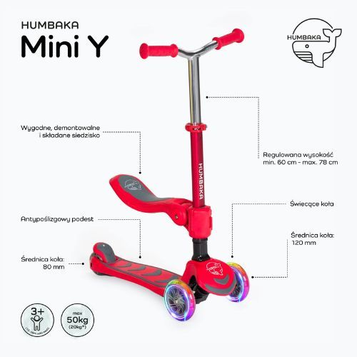 HUMBAKA Mini Y vaikiškas triratis paspirtukas HBK-S6Y raudonos spalvos