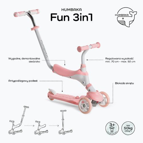 HUMBAKA Fun 3in1 vaikiškas paspirtukas rožinės spalvos HBK-KS002