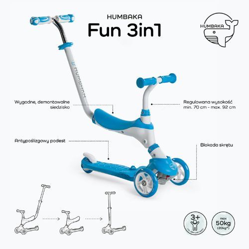 HUMBAKA Fun 3in1 vaikiškas paspirtukas mėlynas HBK-KS002