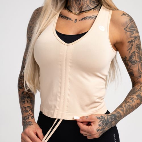 Moterų treniruočių viršutinė dalis Gym Glamour Pull-on Beige 448