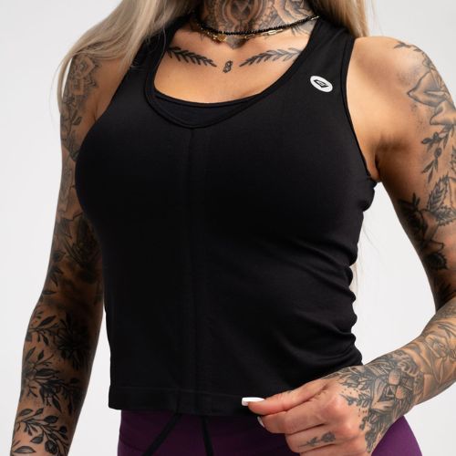 Moterų treniruočių viršutinė dalis Gym Glamour Drawstring Black 445