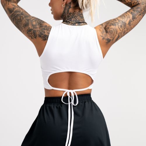 Moterų treniruočių viršutinė dalis Gym Glamour Tied White 441