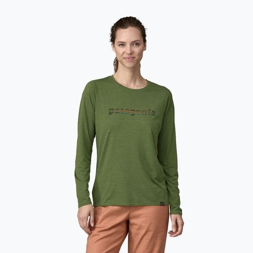 Moteriški marškinėliai ilgomis rankovėmis Patagonia Cap Cool Daily Graphic Shirt 73 text logo/terrain green x-dye