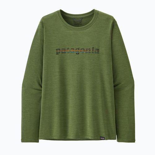 Moteriški marškinėliai ilgomis rankovėmis Patagonia Cap Cool Daily Graphic Shirt 73 text logo/terrain green x-dye