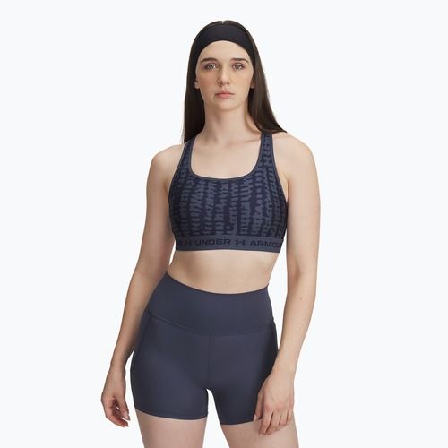 Treniruočių liemenėlė Under Armour Crossback Mid Print downpour gray/midnight navy/midnight navy