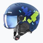 Vaikiškas slidinėjimo šalmas UVEX Rocket Visor Jr blue puzzle matt/mirror blue/smoke
