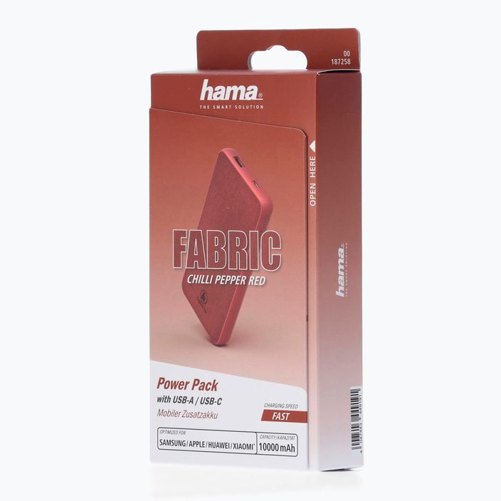 Powerbank Hama Fabric 10 Power Pack 10000 mAh raudona 1872580000