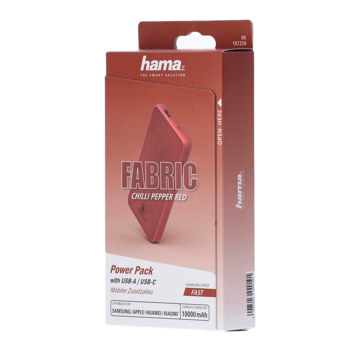 Powerbank Hama Fabric 10 Power Pack 10000 mAh raudona 1872580000 2