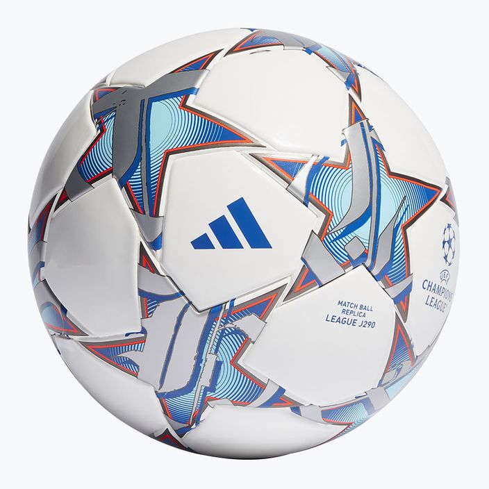 Futbolo kamuolys adidas UCL Junior 290 League 23/24 white/silver metallic/bright cyan dydis 4