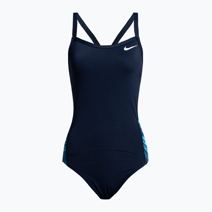 Moteriškas vientisas maudymosi kostiumėlis Nike Multiple Print Racerback Splice One, tamsiai mėlynas NESSC051-440