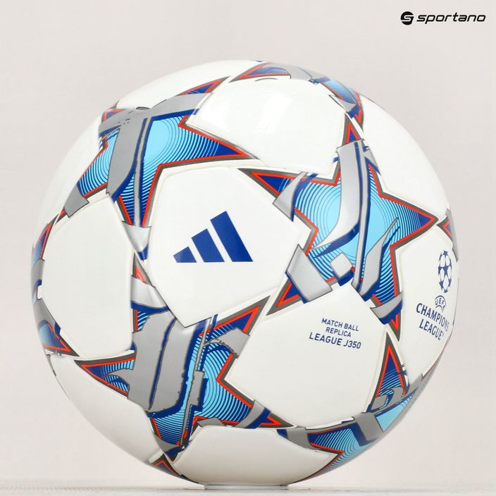 Futbolo kamuolys adidas UCL League 23/24 white/silver metallic/bright cyan/royal blue dydis 4 6