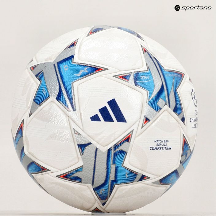 Futbolo kamuolys adidas UCL Competition 23/24 white/silver metallic/bright cyan/royal dydis 5 6