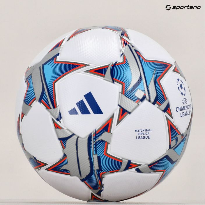 Futbolo kamuolys adidas UCL League 23/24 white/silver metallic/bright cyan dydis 5 6