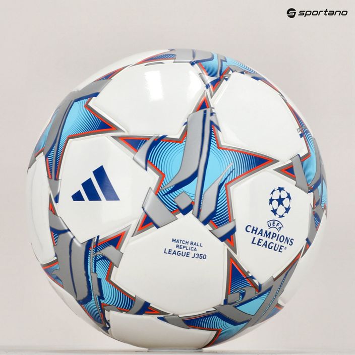 Futbolo kamuolys adidas UCL League 23/24 white/silver metallic/bright cyan/royal blue dydis 5 6