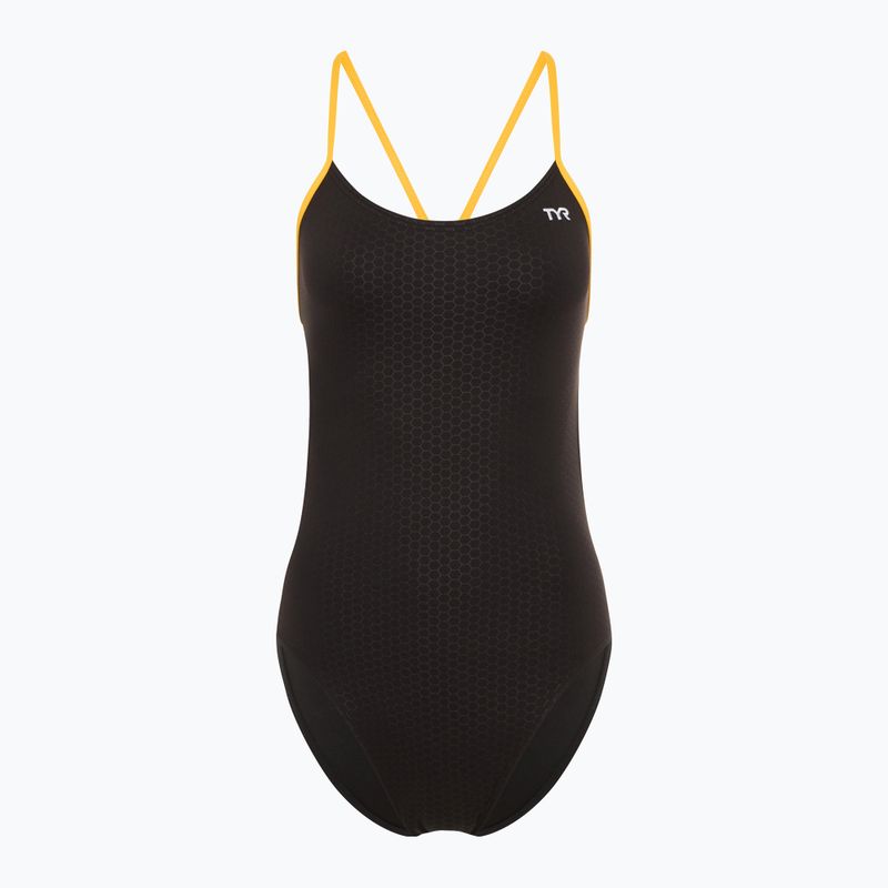Moteriškas vientisas plaukimo kostiumas TYR Hexa Cutoutfit black/gold
