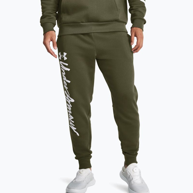 Under Armour Rival Fleece Graphic Joggers vyriškos treniruočių kelnės marine from green/white