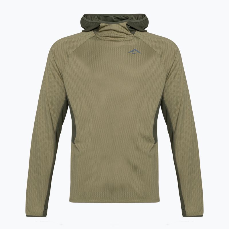 Moteriški bėgimo marškinėliai ilgomis rankovėmis Nike Trail Dri-Fit UV LS Hoodie neutral olive/medium olive/lilac bloom