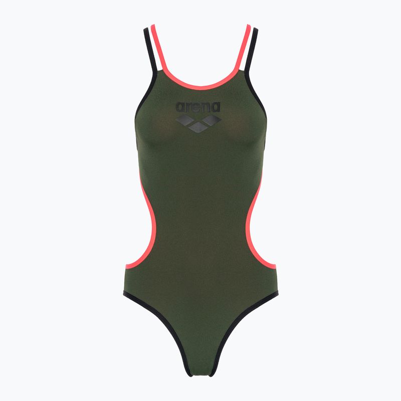 Moteriškas vientisas maudymosi kostiumėlis arena One Double Cross Back One Piece dark sage/black/fluo red