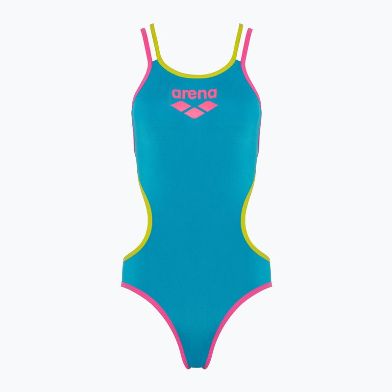 Moteriškas vientisas maudymosi kostiumėlis arena One Double Cross Back One Piece turquoise/fluo pink/soft green