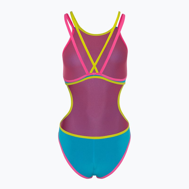Moteriškas vientisas maudymosi kostiumėlis arena One Double Cross Back One Piece turquoise/fluo pink/soft green 2