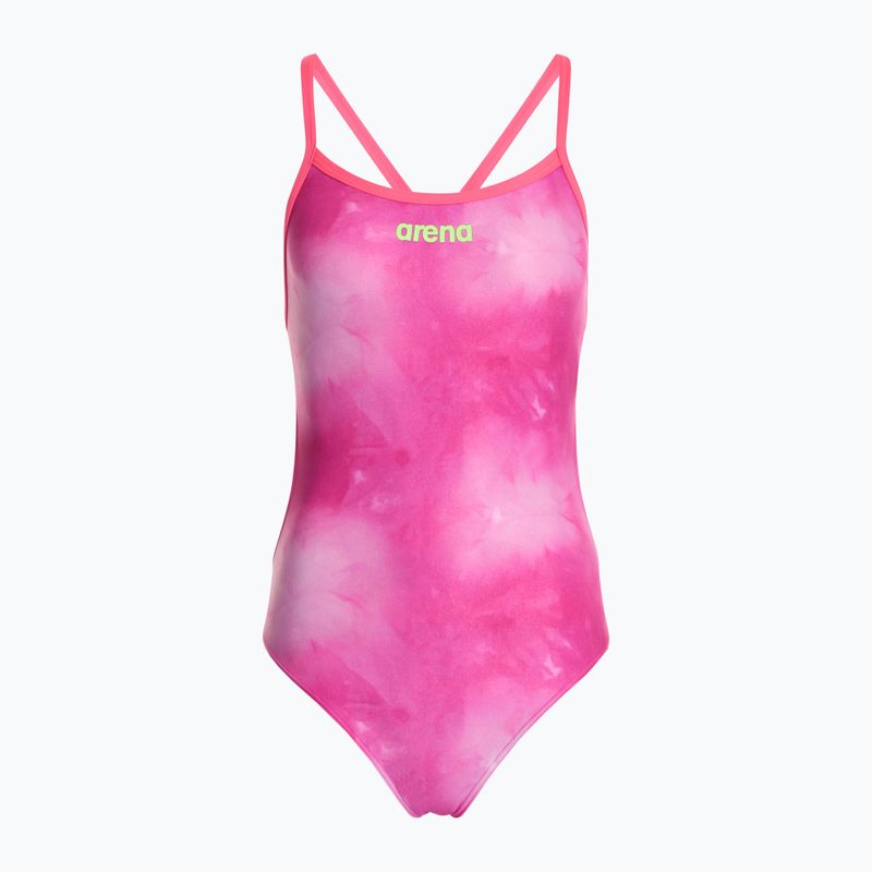 Moteriškas vientisas plaukimo kostiumas arena Tie-Dye Challenge Back Allover shocking pink multi/shocking pink