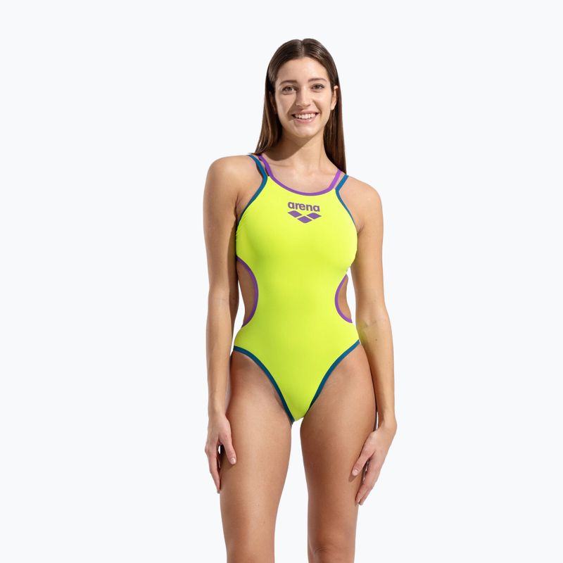 Moteriškas vientisas maudymosi kostiumėlis arena One Double Cross Back One Piece artic lime/plum/blue cosmo 5