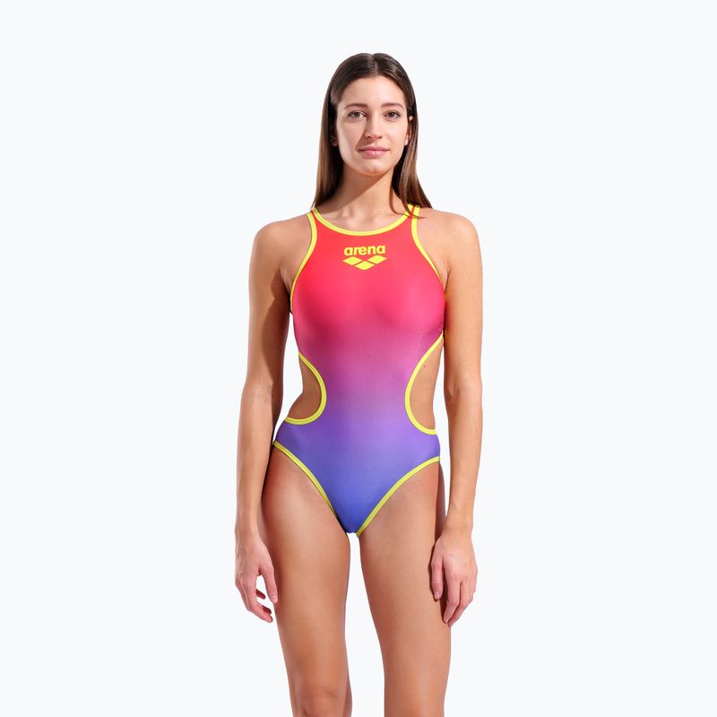 Moteriškas vientisas maudymosi kostiumėlis arena One Shaded Print Tech One Back bright coral royal multi/soft green 5