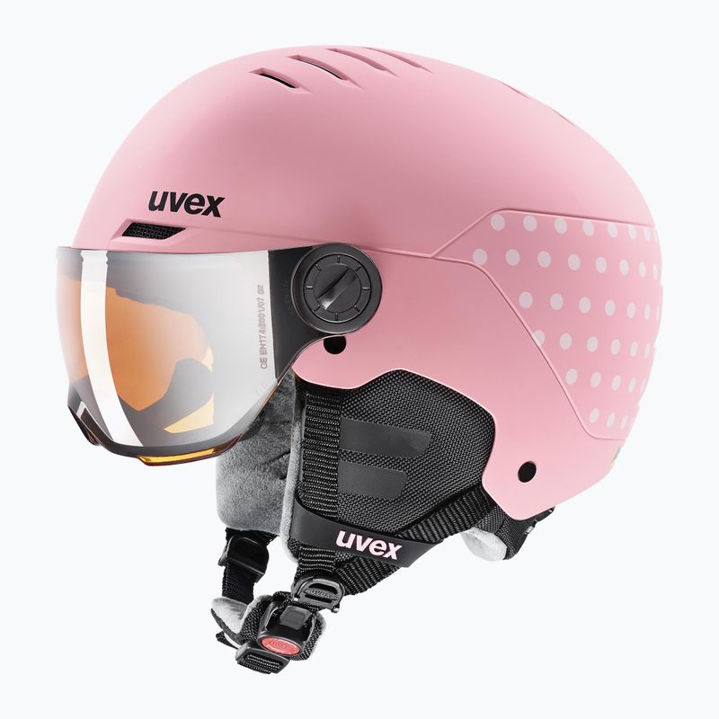 Vaikiškas slidinėjimo šalmas UVEX Rocket Visor Jr pink confetti matt/mirror silver/lasergold lite