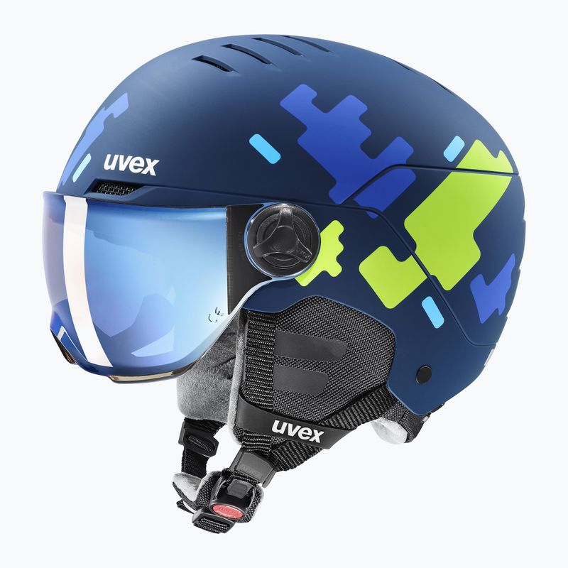 Vaikiškas slidinėjimo šalmas UVEX Rocket Visor Jr blue puzzle matt/mirror blue/smoke