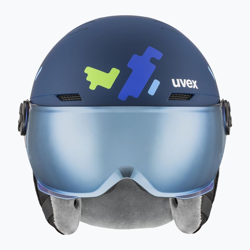 Vaikiškas slidinėjimo šalmas UVEX Rocket Visor Jr blue puzzle matt/mirror blue/smoke 2