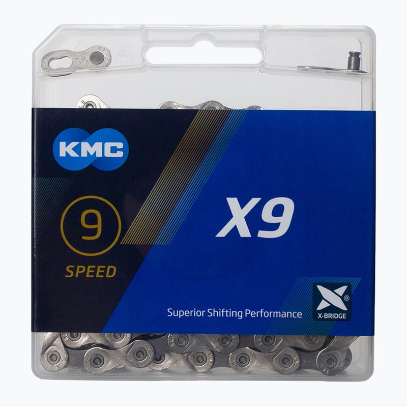 KMC X9 dviračio grandinė 122 grandys 9rz sidabro ir pilkos spalvos BX09NG122