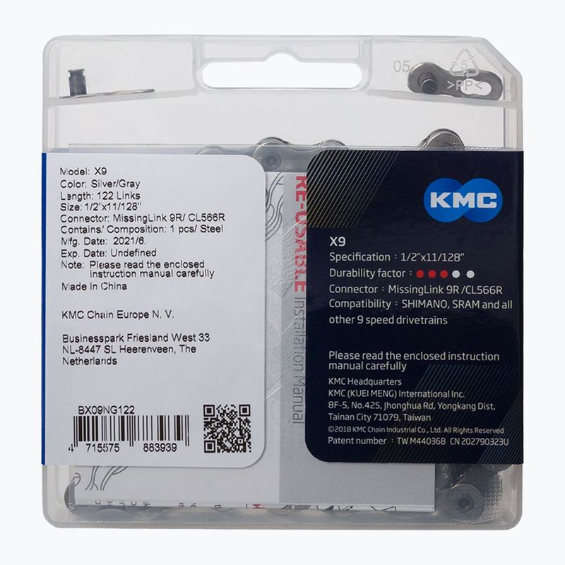KMC X9 dviračio grandinė 122 grandys 9rz sidabro ir pilkos spalvos BX09NG122 2