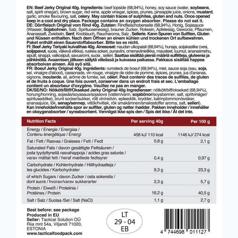 Džiovinta jautiena Tactical Foodpack Beef Jerky Original 40 g 2
