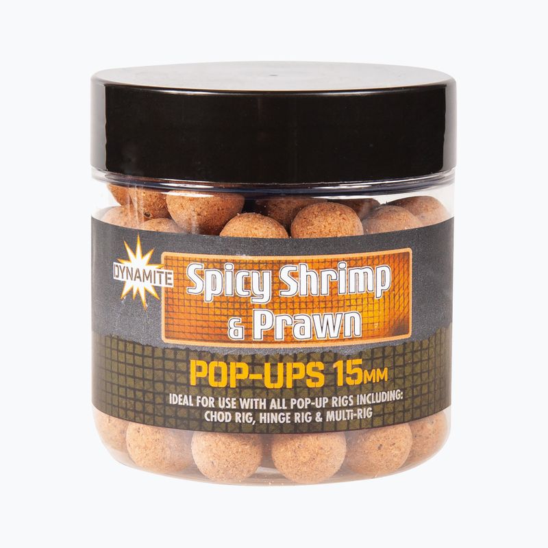 Dynamite Baits Spicy Shrimp & Prawn Pop Up 15 mm rudos spalvos karpių plūdės rutuliukai ADY040976