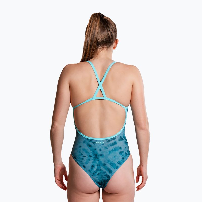 Moteriškas vientisas maudymosi kostiumėlis ZONE3 Strap Back teal tie dye 5