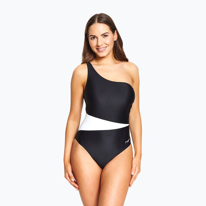 Moteriškas vientisas maudymosi kostiumėlis Zoggs Lattice One Shoulder blue / white 7