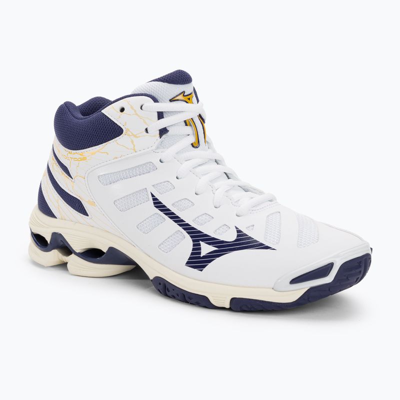 Vyriški tinklinio bateliai Mizuno Wave Voltage Mid white / blue ribbon / mp gold