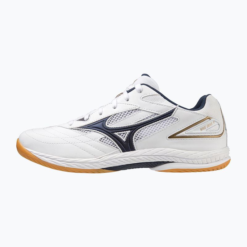 Mizuno Wave Drive 9 teniso bateliai balti/suknelės mėlyni/auksiniai