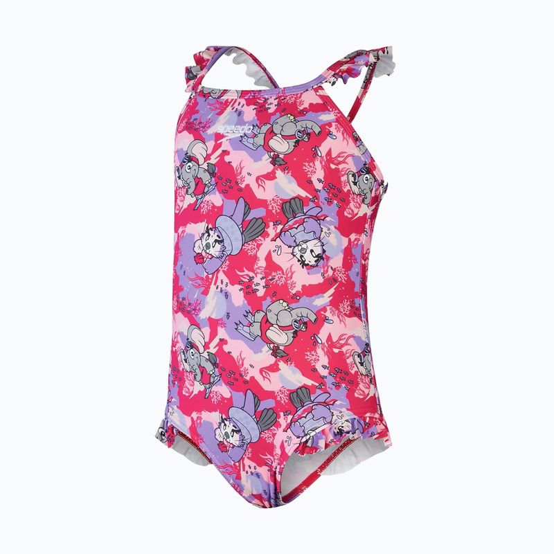 Vaikiškas vientisas plaukimo kostiumėlis Speedo Learn To Swim Printed Frill Thinstrap cherry pink/sweet taro/hellium