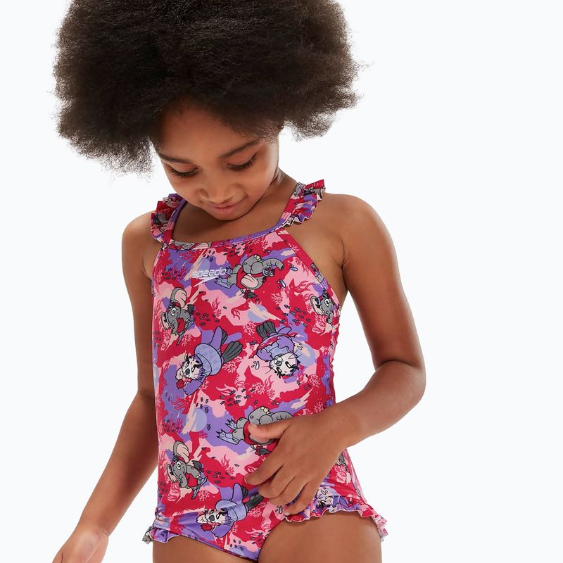 Vaikiškas vientisas plaukimo kostiumėlis Speedo Learn To Swim Printed Frill Thinstrap cherry pink/sweet taro/hellium 5