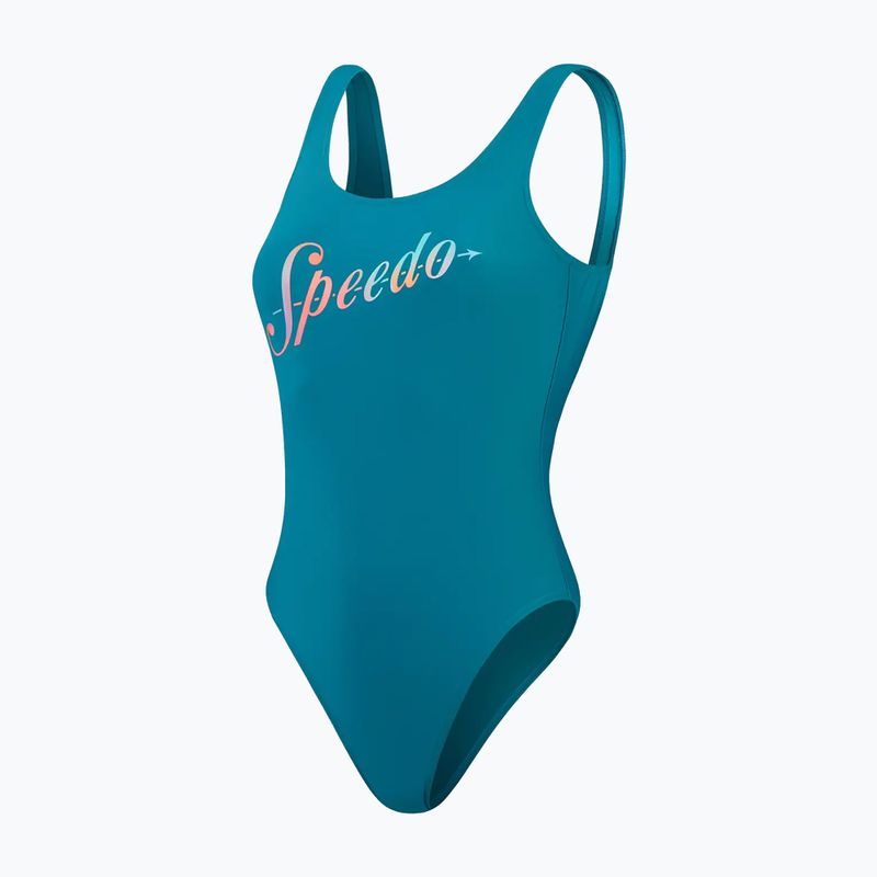 Moteriškas vientisas plaukimo kostiumas Speedo Logo Deep U-Back peacock/pumpkin spice/marine blue 2