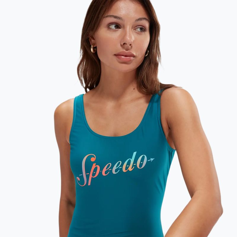 Moteriškas vientisas plaukimo kostiumas Speedo Logo Deep U-Back peacock/pumpkin spice/marine blue 8