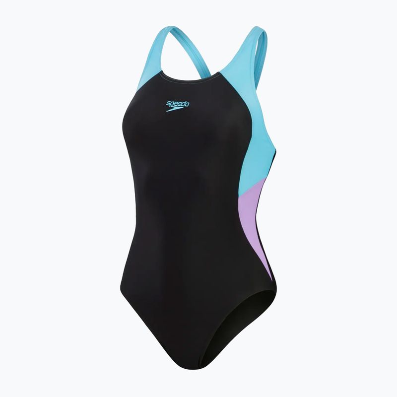 Moteriškas vientisas plaukimo kostiumas Speedo Colourblock Splice Muscleback black/sweet purple/picton blue 2