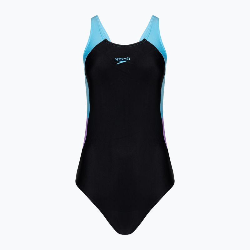 Moteriškas vientisas plaukimo kostiumas Speedo Colourblock Splice Muscleback black/sweet purple/picton blue