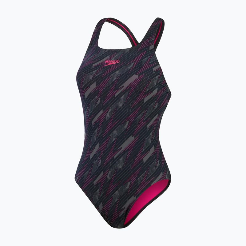 Moteriškas vientisas plaukimo kostiumas Speedo HyperBoom Allover Medalist black/electric pink/usa charcoal 2