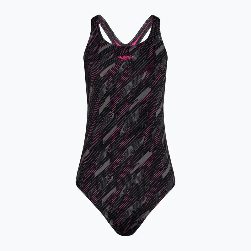 Moteriškas vientisas plaukimo kostiumas Speedo HyperBoom Allover Medalist black/electric pink/usa charcoal