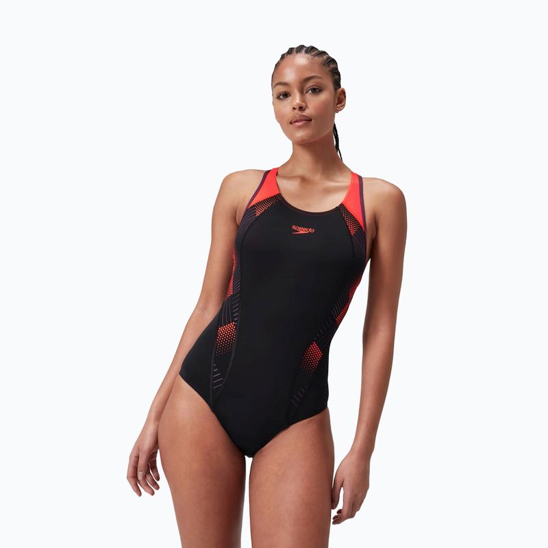 Vientisas plaukimo kostiumėlis Speedo Placement Laneback black/siren red/plum dandy 6