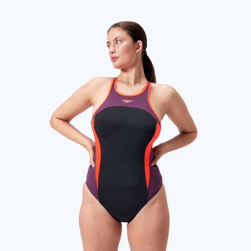 Vientisas plaukimo kostiumėlis Speedo High Neck Splice Cross Back black/plum dandy/siren red 5