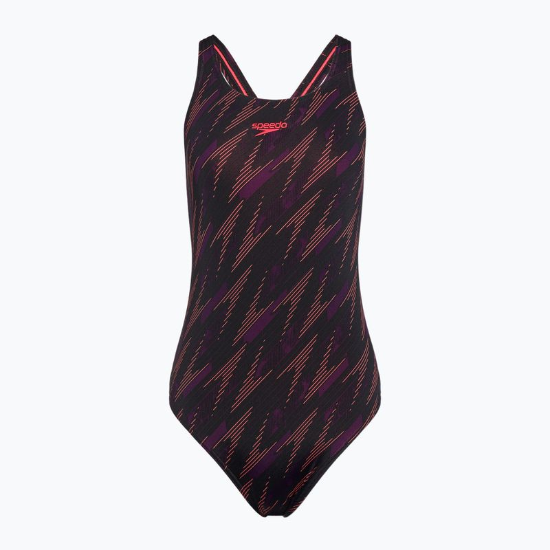 Vientisas plaukimo kostiumėlis Speedo HyperBoom Allover Medalist black/plum dandy/siren red